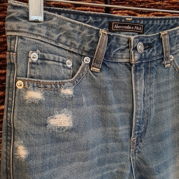Abercrombie & Fitch 24 x 27 Blue Distressed High Rise Tapered Leg Denim Jeans - Picture 2 of 9